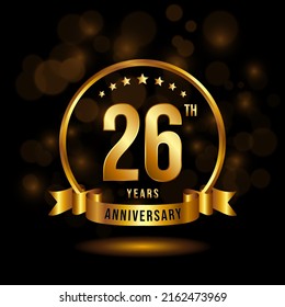 26 years anniversary logo with golden ring and ribbon for booklet, leaflet, magazine, brochure poster, banner, web, invitation or greeting card. Vector illustrations.