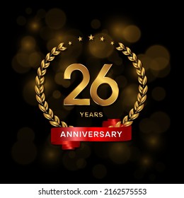 26 years anniversary logo with golden  laurel and red ribbon for booklet, leaflet, magazine, brochure poster, banner, web, invitation or greeting card. Vector illustrations.