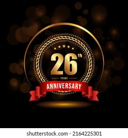 26 years anniversary logo with golden ring and ribbon for booklet, leaflet, magazine, brochure poster, banner, web, invitation or greeting card. Vector illustrations.