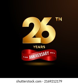 26 years anniversary logo with red ribbon for booklet, leaflet, magazine, brochure poster, banner, web, invitation or greeting card. Vector illustrations.