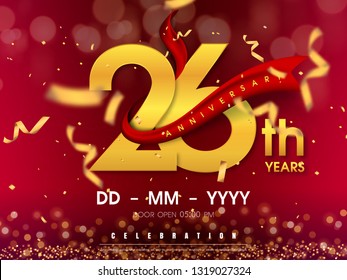 26 years anniversary logo template on gold background. 26th celebrating golden numbers with red ribbon vector and confetti isolated design elements