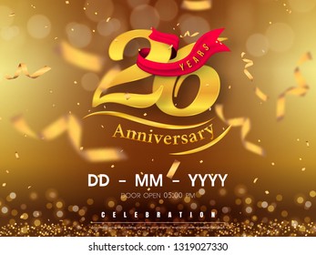 26 years anniversary logo template on gold background. 26th celebrating golden numbers with red ribbon vector and confetti isolated design elements