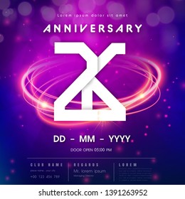 26 years anniversary logo template on purple Abstract futuristic space background. 26th modern technology design celebrating numbers with Hi-tech network digital technology concept design elements.