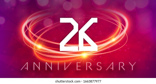 26 years anniversary logo template on purple Abstract futuristic space background. 26th modern technology design celebrating numbers with Hi-tech network digital technology concept design elements.