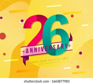 26 years anniversary logo template on yellow Abstract modern background. 26th modern background design celebrating numbers with colorful background concept design elements.