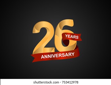 26 years anniversary logotype with elegance gold color and warp red ribbon