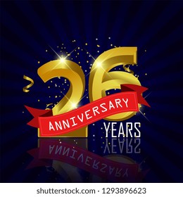 26 years anniversary Vector Template Design with golden color and silver ribbon isolated on blue sunburst background illustration for celebration event - Vector