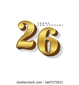 26 Years Anniversary Vector Template Design Illustration. Gold 3d Numbers.