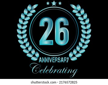 26 years blue sapphire anniversary logo, with shiny ring and laurel wreath isolated on black background, vector design.