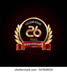 26 years gold anniversary celebration logo with red ribbon , isolated on dark background