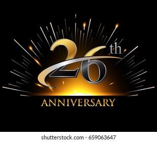 26 years golden anniversary logo celebration with firework and swoosh on dark background
