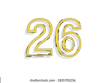 26 yellow number, hand drawn brush stroke. Comic style, calligraphic design. For design element, logo, creative poster etc. Vector illustration 