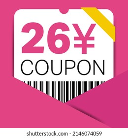 26 Yen Coupon promotion sale for a website, internet ads, social media gift 26 Yuan off discount voucher. Big sale and super sale coupon discount. Price Tag Mega Coupon discount vector illustration.