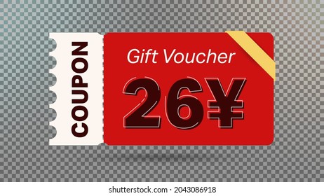 26 Yuan coupon promotion sale for website, internet ads, social media.Big sale and super sale coupon code Japanese yen 26 discount gift voucher coupon vector illustration summer offer ends weekend