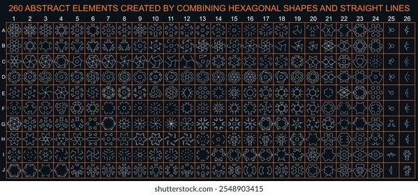 260 Elementos abstractos creados mediante la combinación de forma hexagonal y líneas rectas, para el diseño gráfico y de logotipos.