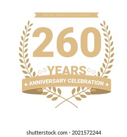 260 Jahre Jubiläum Vektorsymbol, Logo. Grafisches Design-Element mit Anzahl und Textkomposition zum 260. Jubiläum.