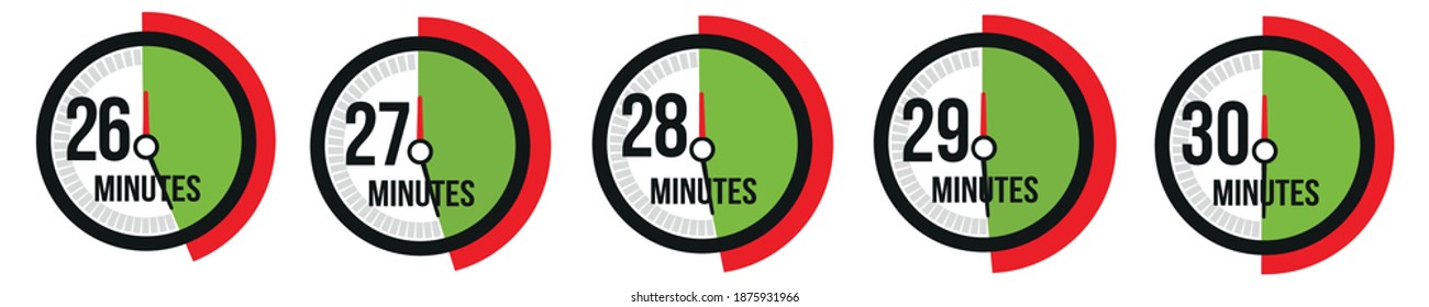 26,27,28,29,30 minutes timer, stopwatch or countdown icon. Time measure. 
