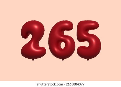 265 globo 3d número hecho de representación 3d de globo metálico realista. Globos 3D de helio rojo para la venta decoración Fiesta Cumpleaños, Celebración de Aniversario, Fiesta de la Boda. Ilustración del vector