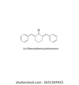 2,6-Dibenzilidenociclohexanona, estrutura esquelética. Ilustração esquemática do composto de dicetona. Diagrama simples, fórmula química.
