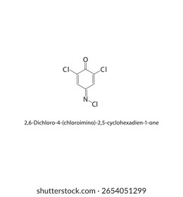 2,6-Dicloro-4-(cloroimino)-2,5-ciclo-hexadien-1-ona estrutura esquelética. ilustração esquemática do composto cetônico halogêneo. Diagrama simples, fórmula química.