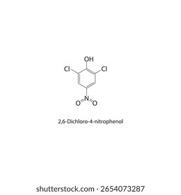 Estrutura esquelética do 2,6-Dicloro-4-nitrofenol. ilustração esquemática do composto de nitrofenol. Diagrama simples, fórmula química.