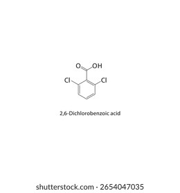 2,6-Dichlorbenzoesäure-Skelettstruktur. Halogensäureverbindung in schematischer Darstellung. Einfaches Diagramm, chemische Formel.