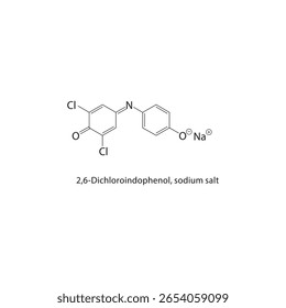 2,6-Dicloroindofenol, estrutura esquelética do sal de sódio. ilustração esquemática do composto de corante halogêneo. Diagrama simples, fórmula química.