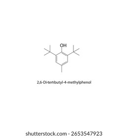 2,6-Di-tert-butyl-4-methylphenol (BHT) skeletal structure. Hindered phenol antioxidant compound schematic illustration. Simple diagram, chemical formula.