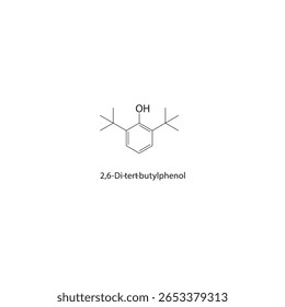 2,6-Di-tert-butylphenol skeletal structure. Hindered phenol compound schematic illustration. Simple diagram, chemical formula.