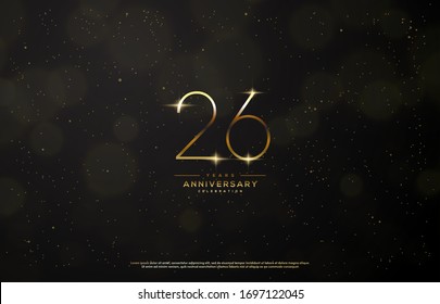 26th anniversary background with an illustration of golden figures there is a ray of light in front of a black background.
