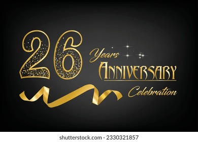 26th Anniversary Celebrating golden text and confetti on dark background with numbers. 