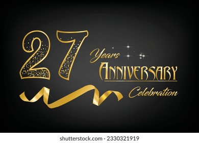 26th Anniversary Celebrating golden text and confetti on dark background with numbers. 