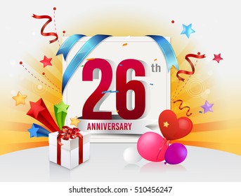 26th anniversary celebration with colorful confetti and balloon with shiny yellow background