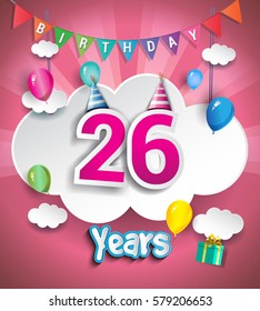 26th Anniversary Celebration Design, with clouds and balloons. using Paper Art Design Style, Vector template elements for your, twenty six years birthday celebration party.