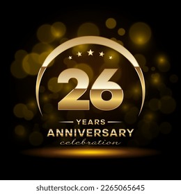 26th Anniversary Celebration. Logo design with golden ring and text for anniversary celebration event, invitation, wedding, greeting card, banner, poster, flyer, brochure. Logo Vector Template