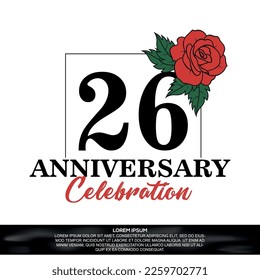 26th anniversary celebration logo  vector design with red rose  flower with black color font on white background abstract  