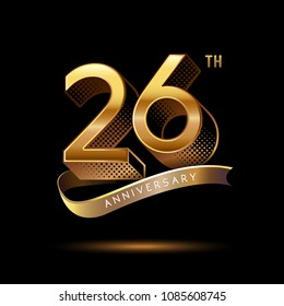 26th Anniversary celebration logotype colored with shiny gold, using ribbon and isolated on black background