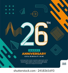 26th anniversary celebration logotype with colorful abstract geometric shape y2k background.
