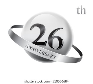 26th anniversary celebration with silver ring on white isolated background
