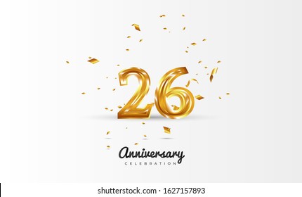 26th Anniversary celebration Vector background by using two colors in the design between gold and white, Golden number 26 with sparkling confetti Realistic gold 3d sign. Birthday or wedding party
