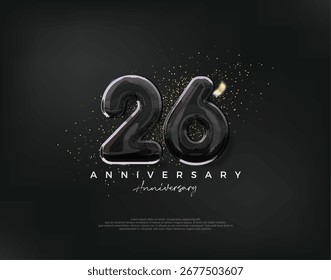 Celebração do 26º aniversário, design vetorial com ilustração de balões pretos de luxo. Fundo vetor premium para saudação e celebração.