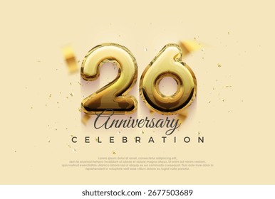 Celebración del 26 aniversario, diseño de Vector con ilustración de globos de oro brillante. Fondo de Vector de Premium para saludo y celebración.