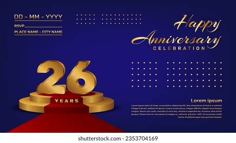 26th anniversary celebration vector template with 3D numbers style and golden stage, Vector template