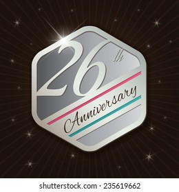 26th Anniversary - Classy and Modern silver emblem / Seal / Badge - vector illustration on  rays and stars background 