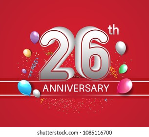 26th anniversary design red background with balloons and confetti for company celebration event 