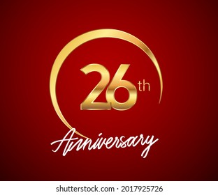 26th anniversary golden color with circle ring isolated on red background for anniversary celebration event.