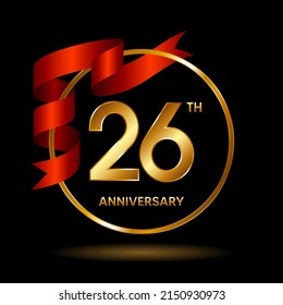 26th Anniversary logo. Anniversary celebration template design with golden ribbon for booklet, leaflet, magazine, brochure poster, banner, web, invitation or greeting card. Vector illustrations.