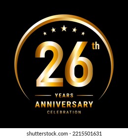 26th Anniversary, Logo design for anniversary celebration with gold ring isolated on black background, vector illustration