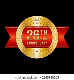 26th Anniversary. Anniversary logo design with gold color text and red ribbon for anniversary celebration event. Logo Vector Illustration