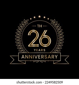 26th Anniversary logo design with laurel wreath for celebration event, invitation, banner, poster, flyer, greeting card. Line Art Design, Logo Vector Illustration